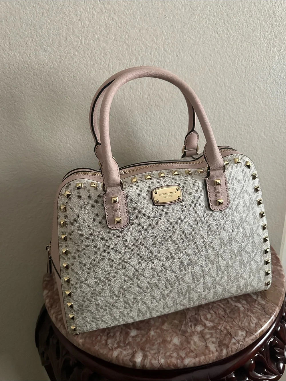 Michael Kors Blush Pink MK Logo Dome Satchel with Gold Studs